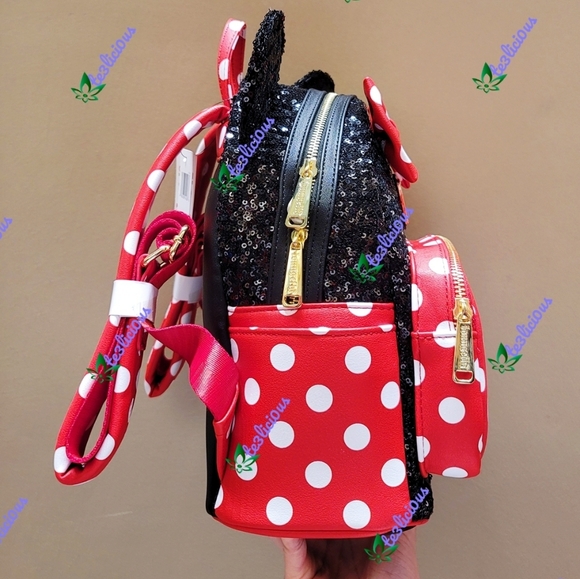DISNEY PARKS LOUNGEFLY MINNIE POLKA DOT SEQUINS BP - Picture 6 of 9